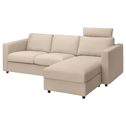 VIMLE Cover 3-seat sofa w chaise longue, with headrest, Hallarp beige