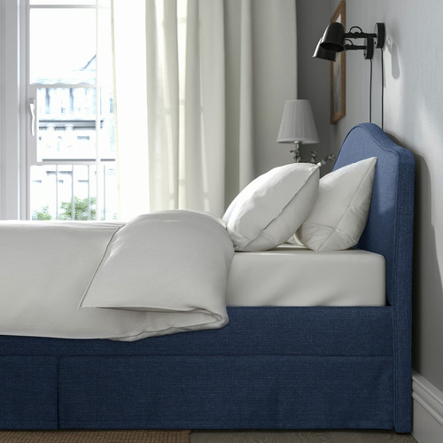 RAMNEFJÄLL Upholstered bed frame, Kilanda dark blue/Luröy, 140x200 cm